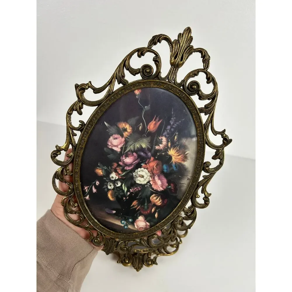 Vintage Ornate Brass Oval Frame Floral Art Made in Italy Set of 2 Convex Glass
